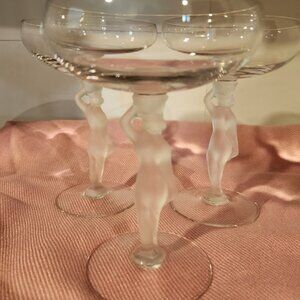 Vintage Bayel Bacchante Frosted Nude Woman Stem Champagne Glasses.